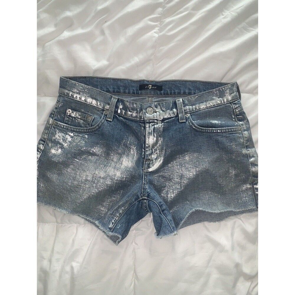 7 For All Mankind Carlie Silver Foil Metallic Cut Off Jean Shorts Sz 28 Rockstar